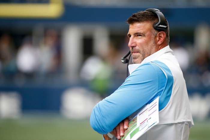 Tennessee Titans head coach Mike Vrabel stands on the sideline during the second quarter against the Seattle Seahawks at Lumen Field.